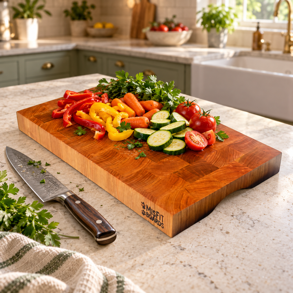 Dexter, a cherry end grain board, in a forever kitchen with food
