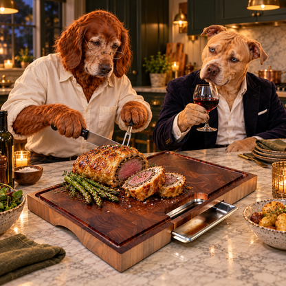 Winston walnut cutting board with Jaycee and Kaycee sharing dinner