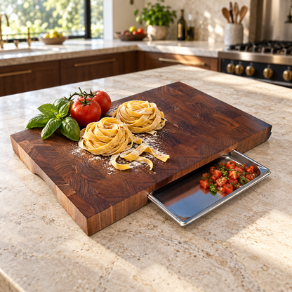 Magnus, a walnut end grain board, in a forever kitchen with food