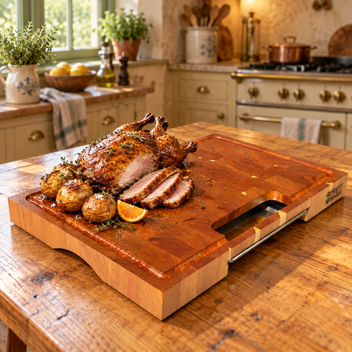 Hazel, a cherry end grain board, in a forever kitchen with food
