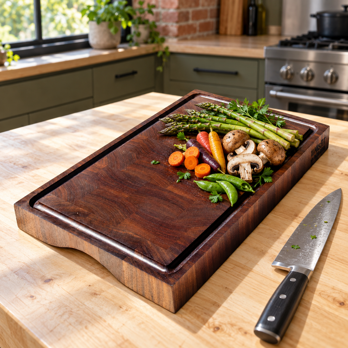 Fergus, a walnut end grain board, in a forever kitchen with food