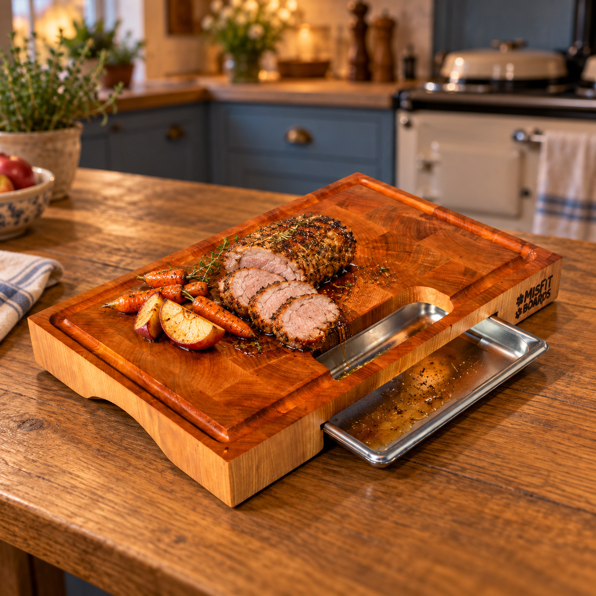 Maisie, a cherry end grain board, in a forever kitchen with food