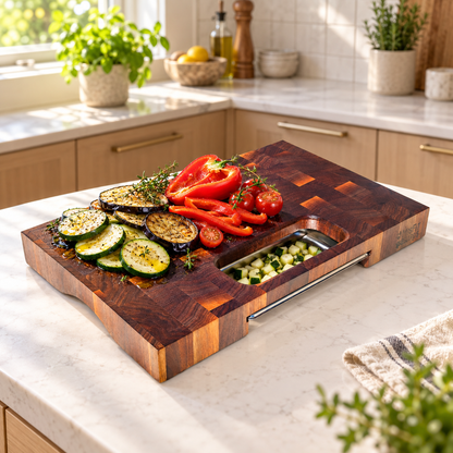 Greta, a walnut end grain board, in a forever kitchen with food