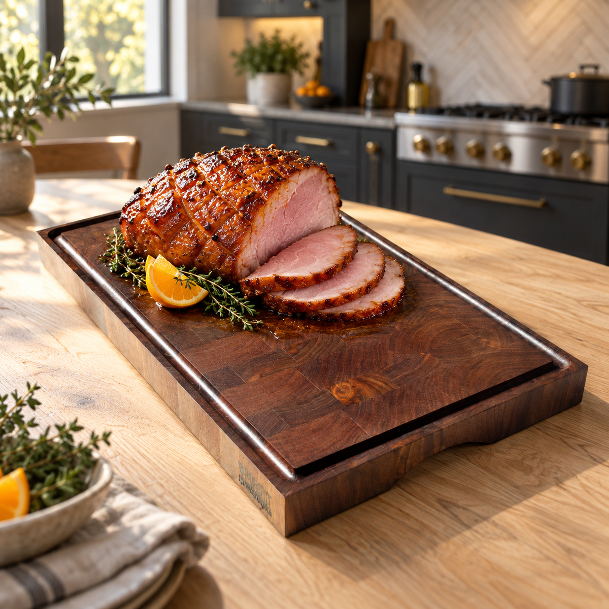 Samson, a walnut end grain board, in a forever kitchen with food