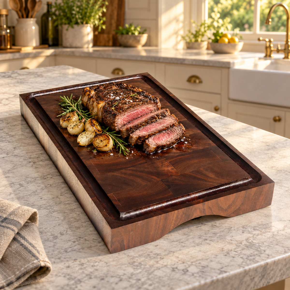 Chester, a walnut end grain board, in a forever kitchen with food