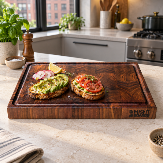 Daphne, a walnut end grain board, in a forever kitchen with food