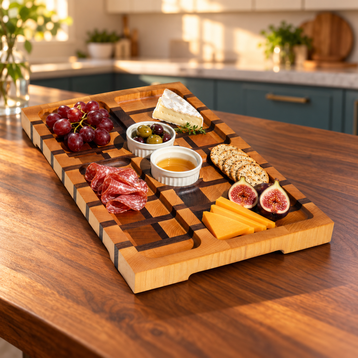 Poppy, a maple and walnut end grain board, in a forever kitchen with food