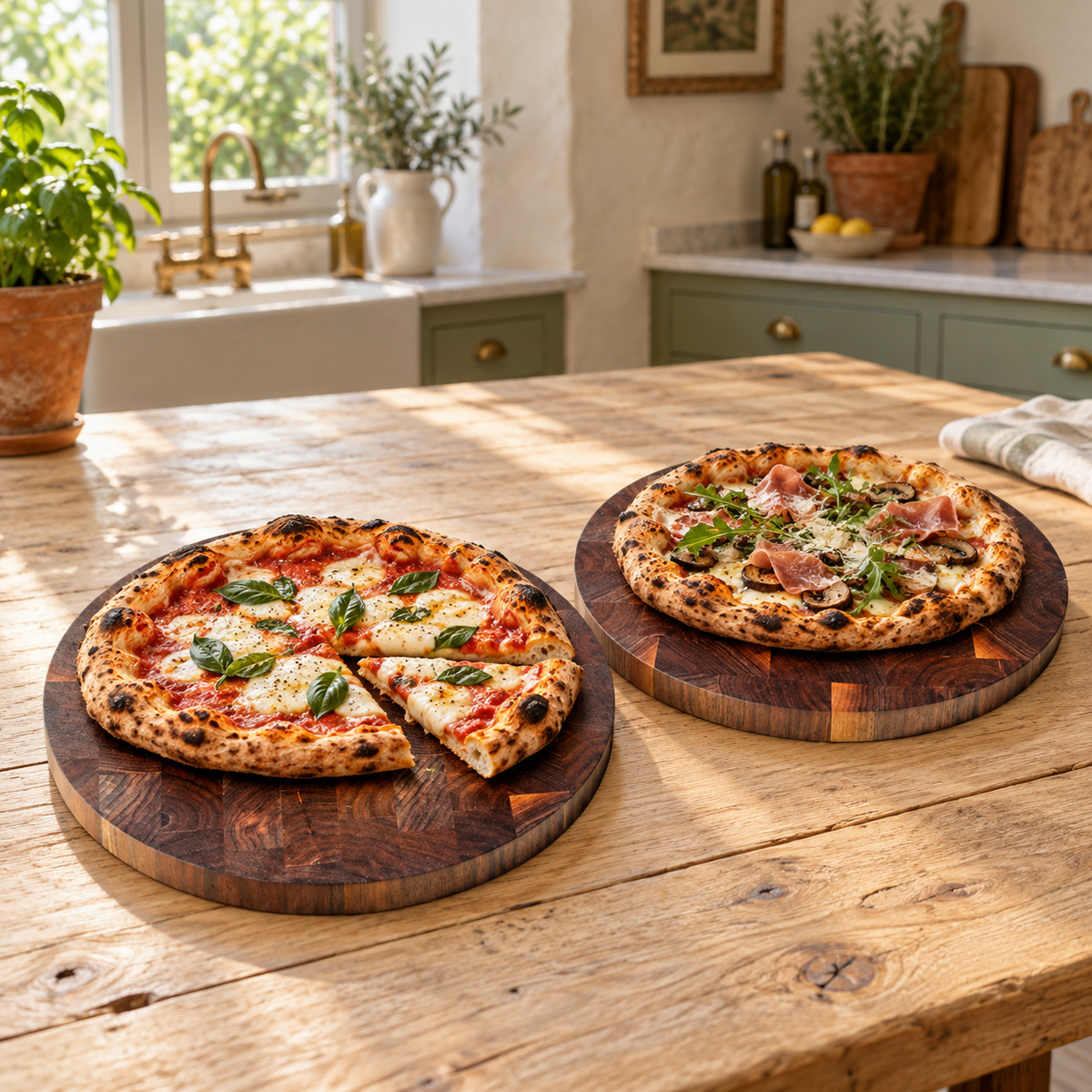 Lucia and Luca walnut end-grain pizza boards together in their forever kitchen