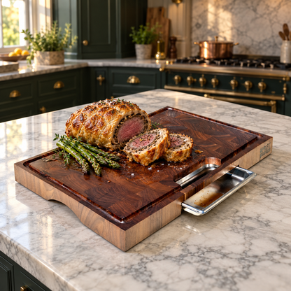 Winston, a walnut end grain board, in a forever kitchen with food