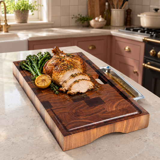 Nellie, a walnut end grain board, in a forever kitchen with food