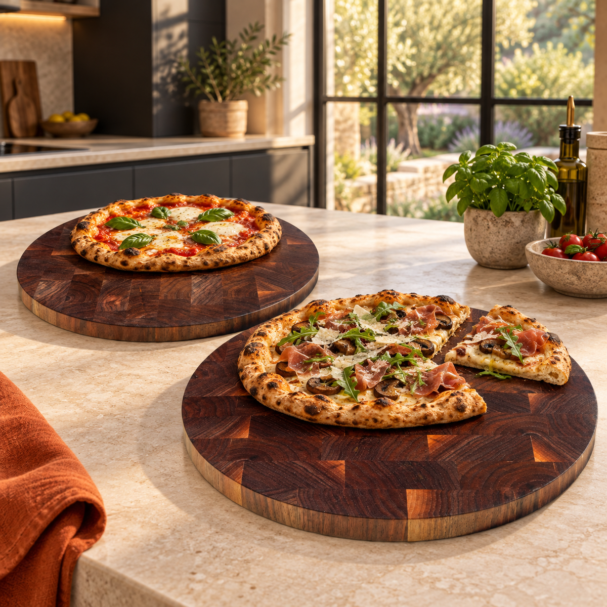 Lucia and Luca walnut end-grain pizza boards together in their forever kitchen