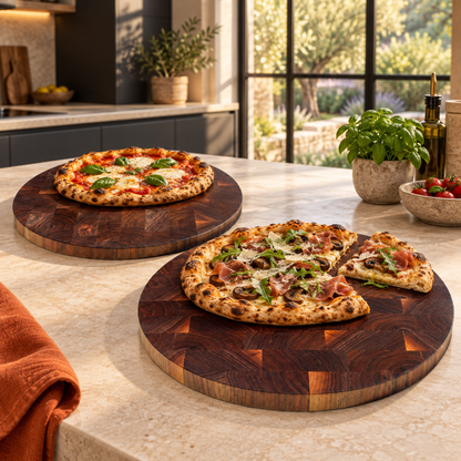 Lucia and Luca walnut end-grain pizza boards together in their forever kitchen